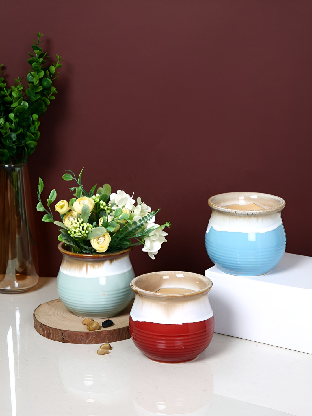 TAYHAA Rustic Glaze White & Blue 3 Pieces Ceramic Flower Planters