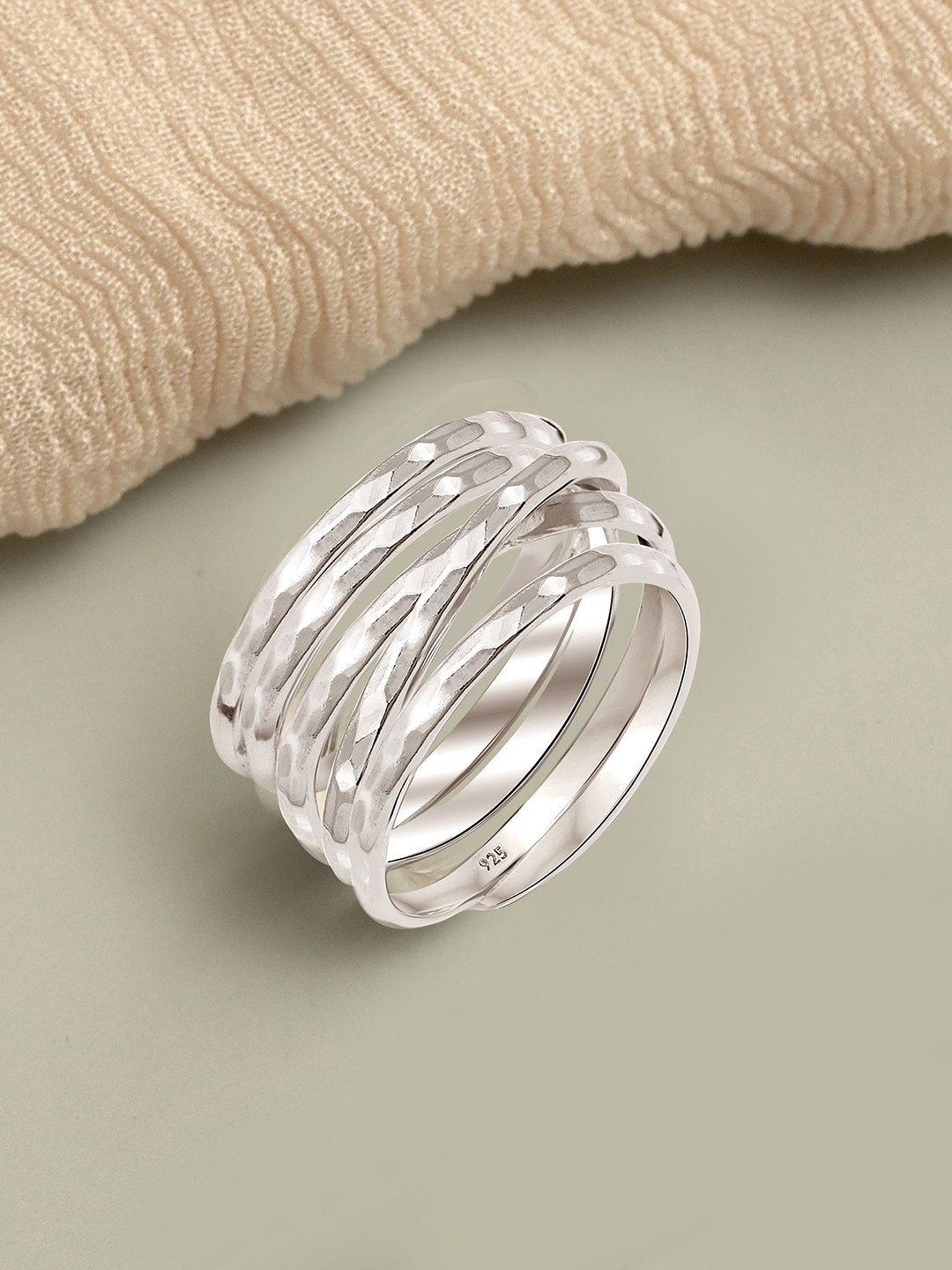 LeCalla 925 Sterling Silver Plated Overlapping Hammered Textured  Finger Ring