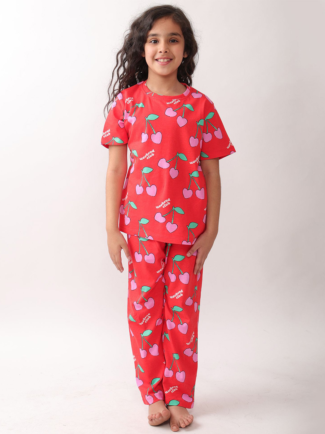 Anthrilo Girls Summer Cherry Red Short Sleeves Pyjama Set