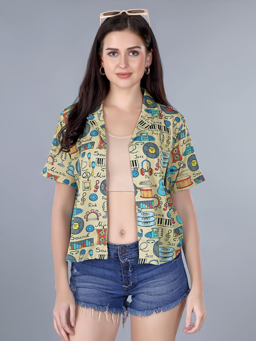 ZESTX Women Relaxed Fit Cuban Collar Graphic Printed Casual Shirt