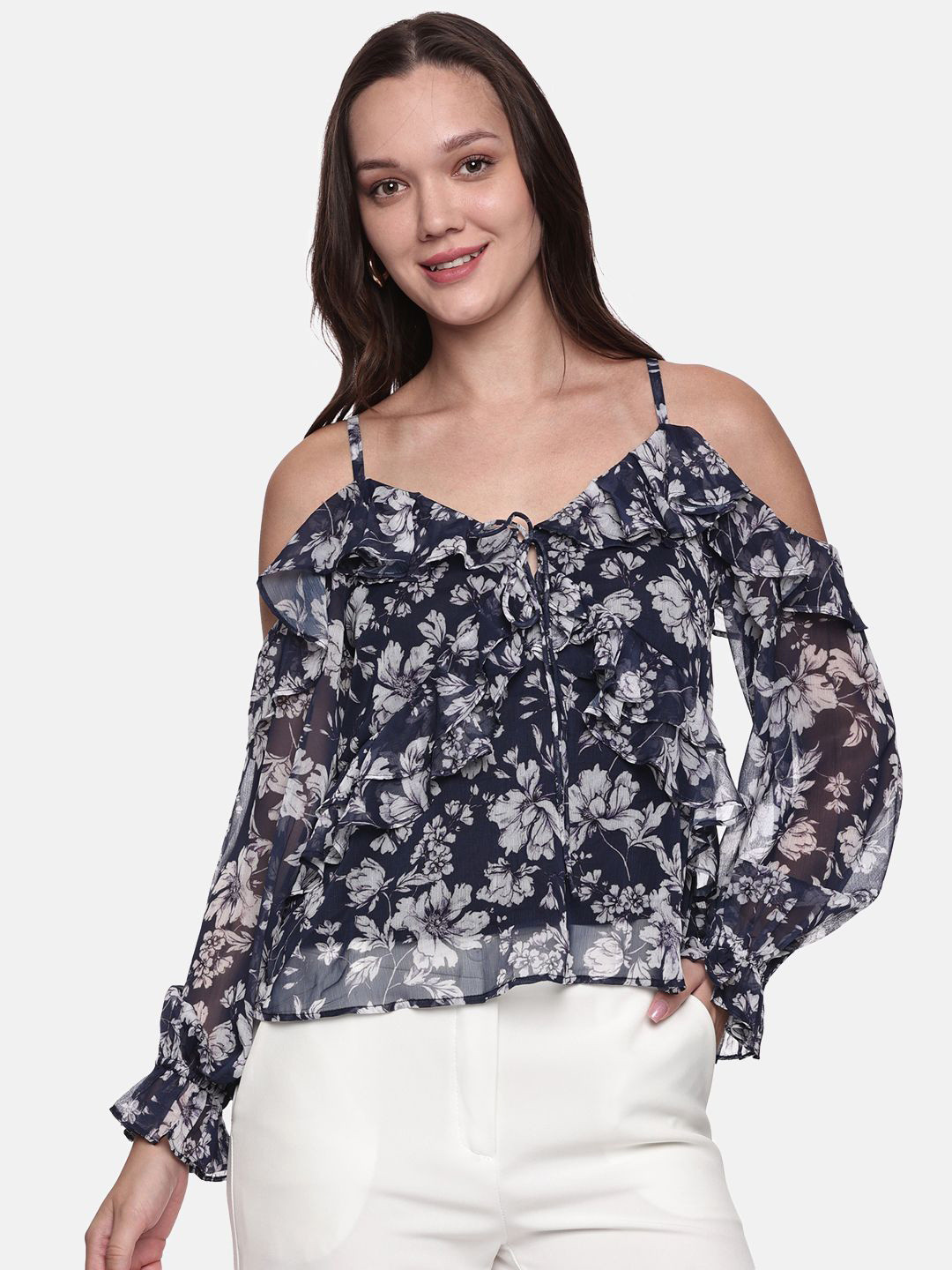 ISU Women Floral Printed Cold-Shoulder Chiffon Top