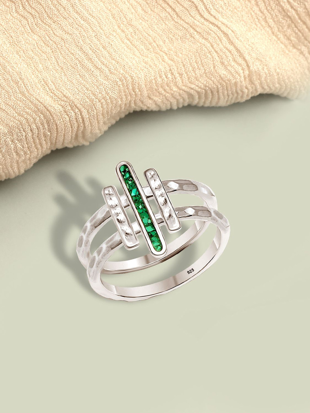 LeCalla 925 Sterling Silver-Plated Artificial Stones Studded Three Bar Ring Finger Ring