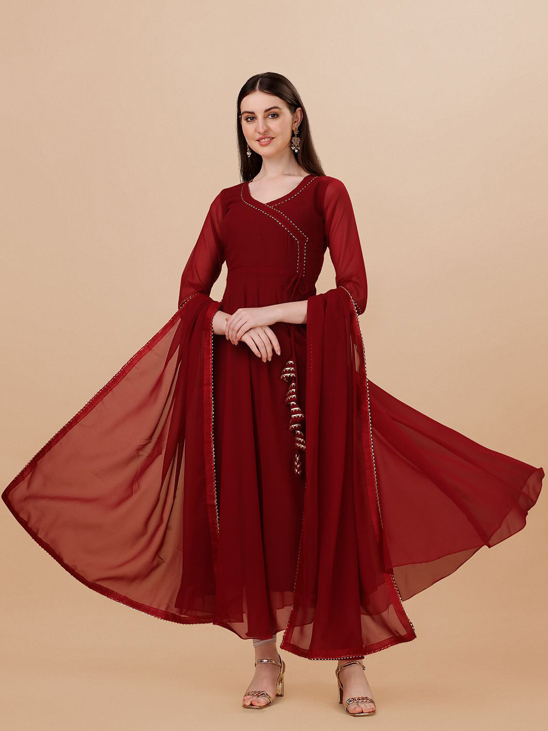 PMD Fashion V Neck A Line Angrakha Kurta With Leggings and Dupatta
