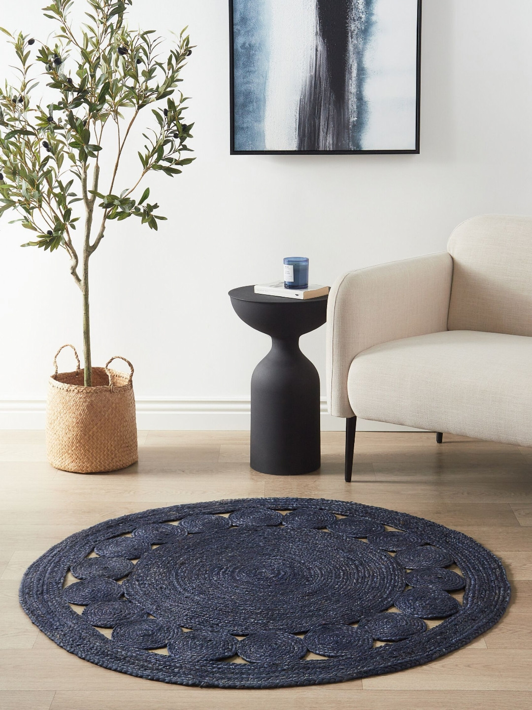 Art Avenue Nimosa Blue Textured Round Floor Jute Carpet