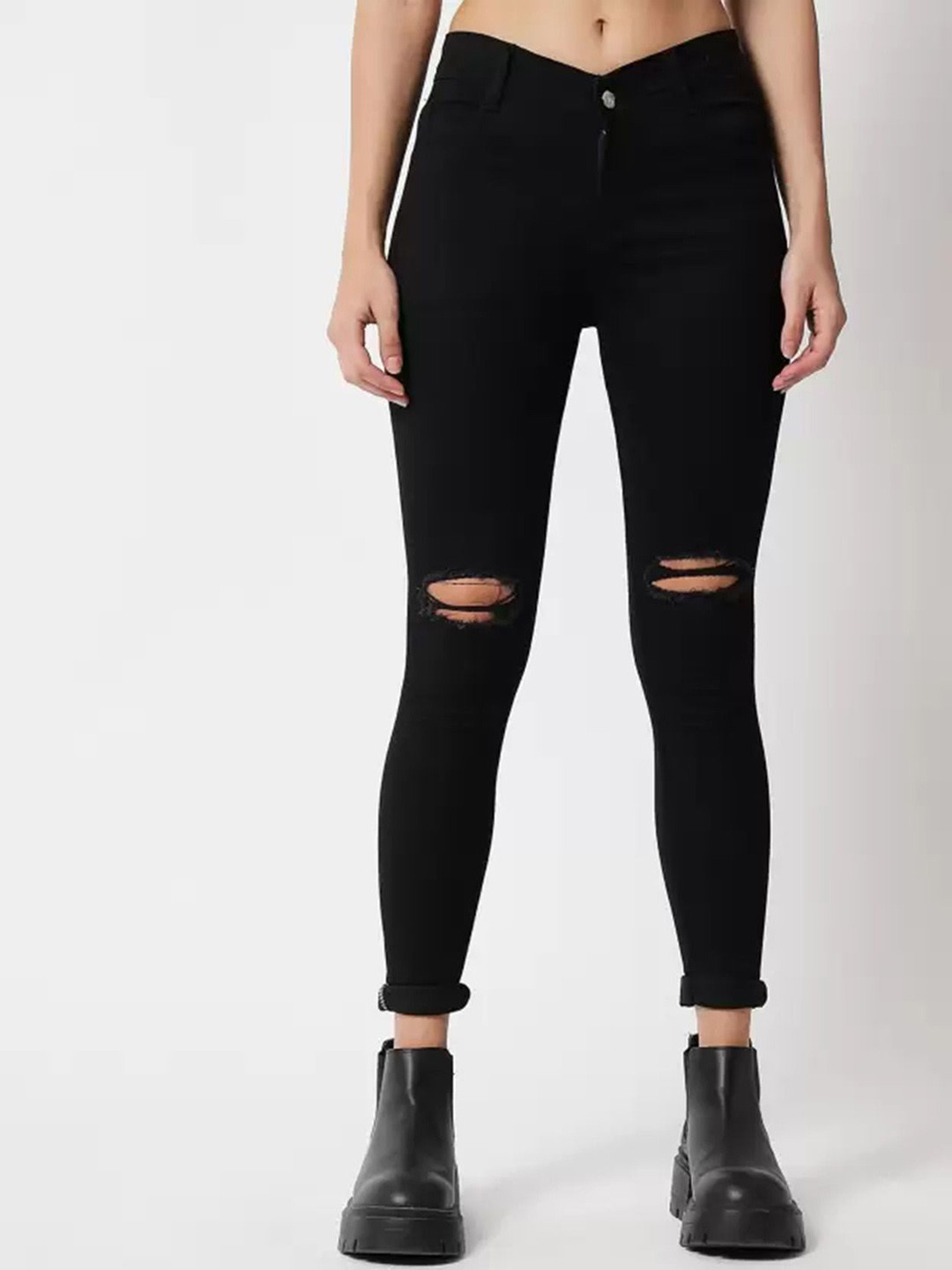 LINARIA Women Classic Slim Fit Slash Knee Dark Shade  No Fade Jeans