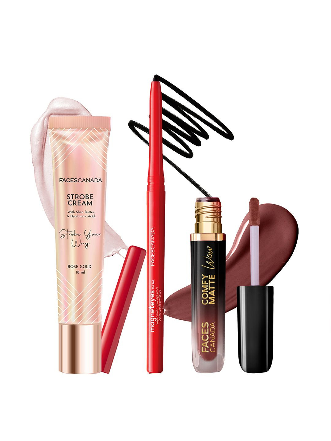 FACES CANADA Set Of 3 Strobe Cream-18 ml With Kajal-0.35 g & Comfy Wow Lipstick-3.8 ml