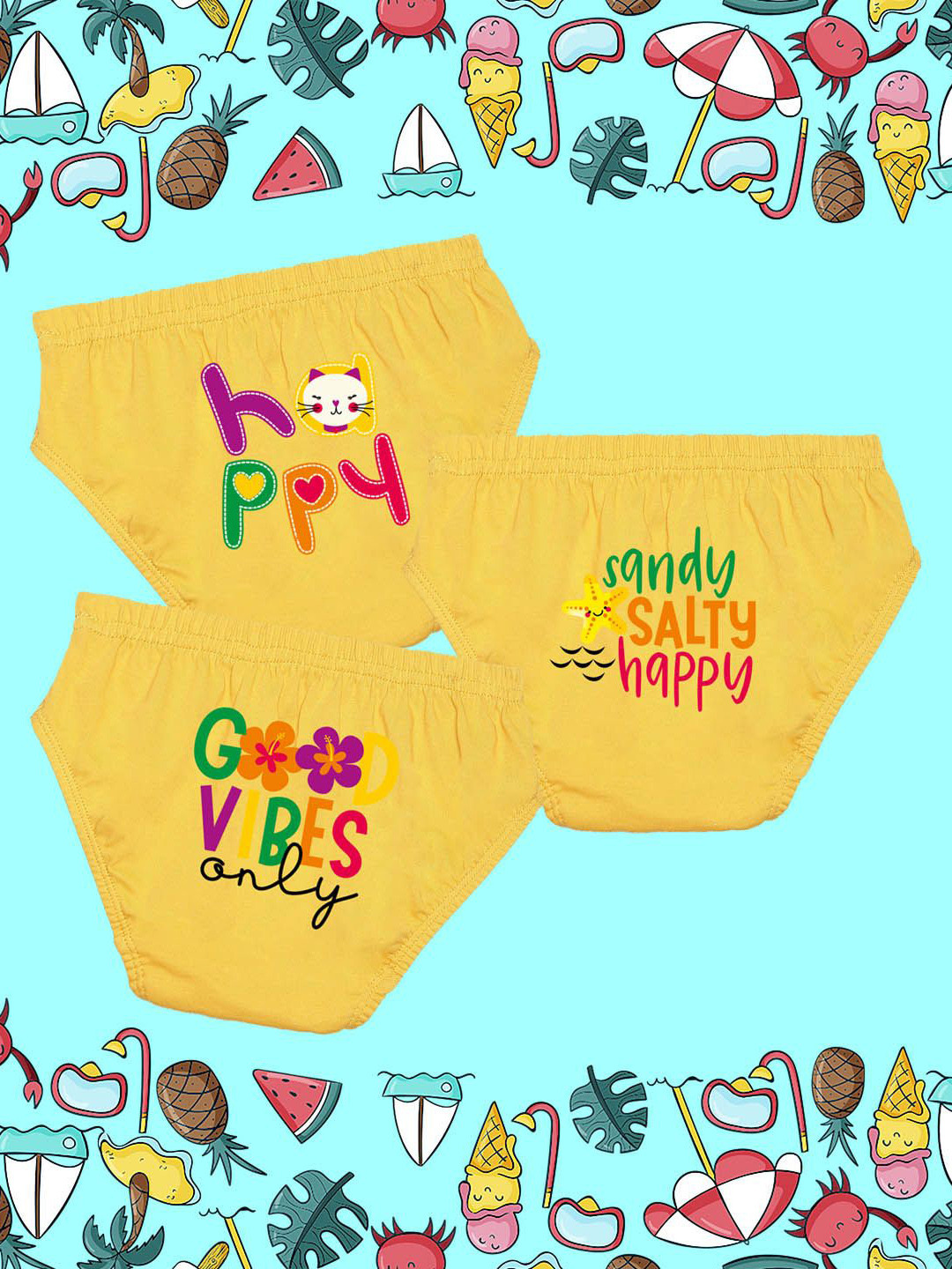 NUSYL Girls Pack Of 3 Good Vibes Text Printed Rich Cotton Briefs NUGCBRFPO3.0042