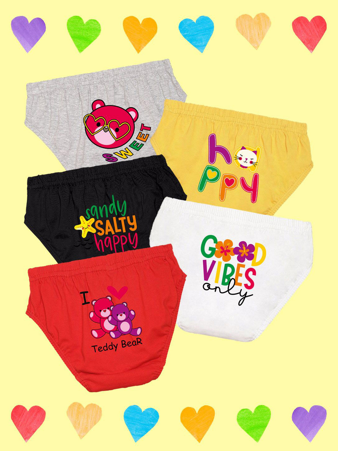 NUSYL Girls Pack Of 5 I Love Teddy Bear Printed Pure Cotton Basic BriefsNUGCBRFPO5.0012