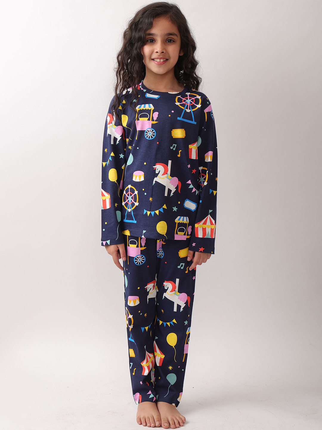Anthrilo Girls Summer Carnival Circus Long Sleeves Pyjama Set Navy