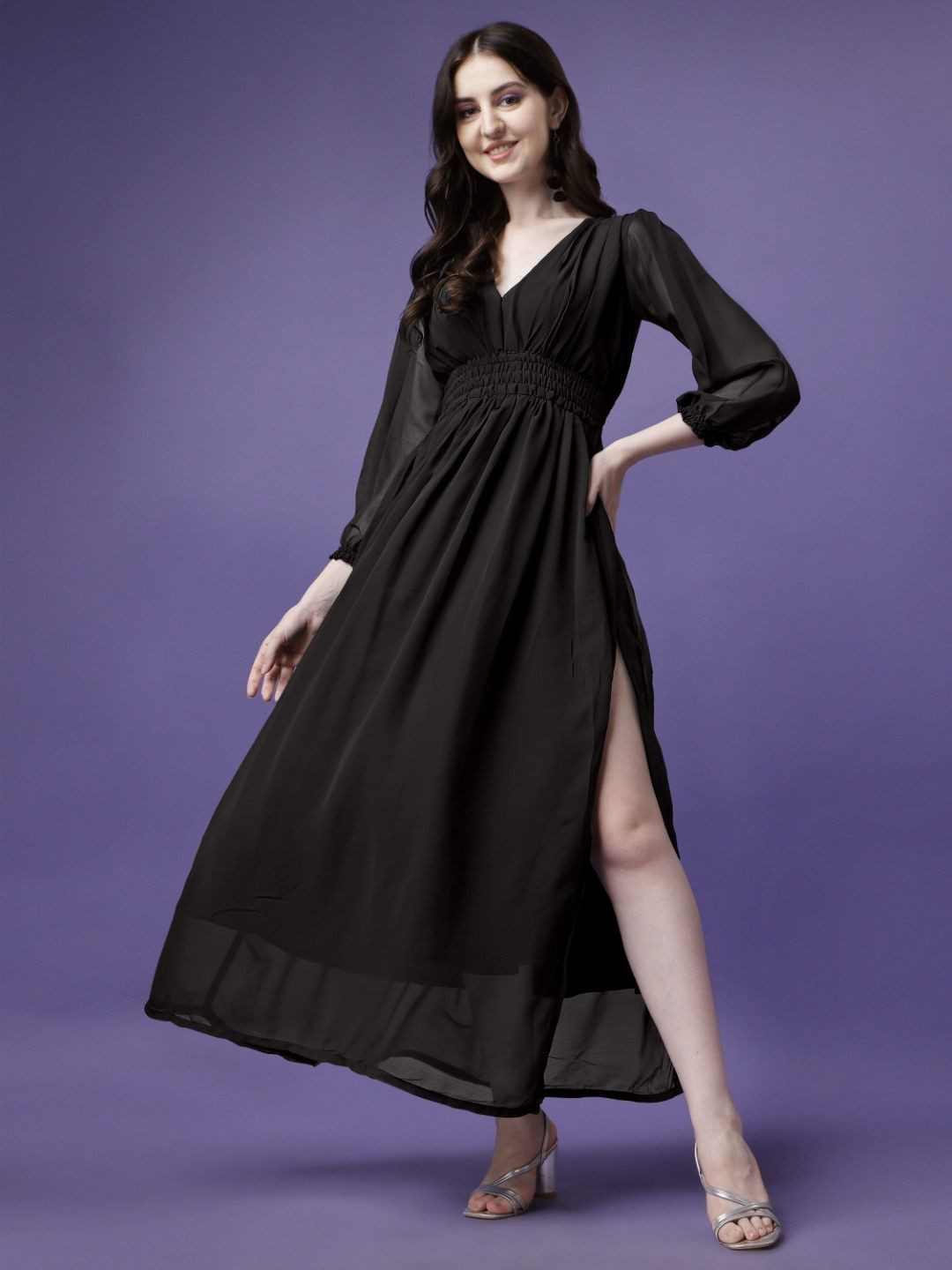 Raiyani Fashion Georgette Puff Sleeves Slit Smocked Empire Maxi Dress