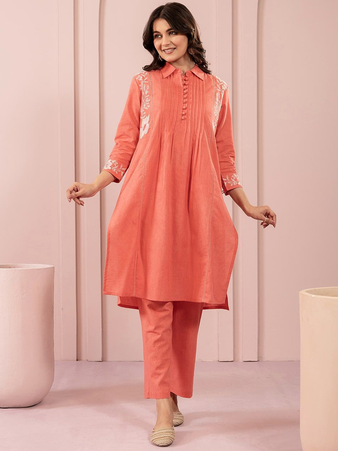 MISRI Floral Yoke Design Shirt Collar Thread Work A-Line Kurta With Trouser