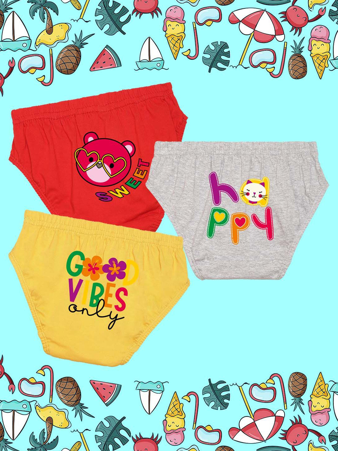 NUSYL Girls Pack Of 3 Vibes & Teddy Face Printed Mid Rise Basic Briefs - NUGCBRFPO3.0034