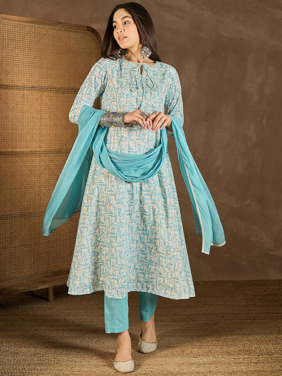 Inddus Women Ethnic Motifs Embroidered Tie-Up Neck Mirror Work A-Line Kurta Set