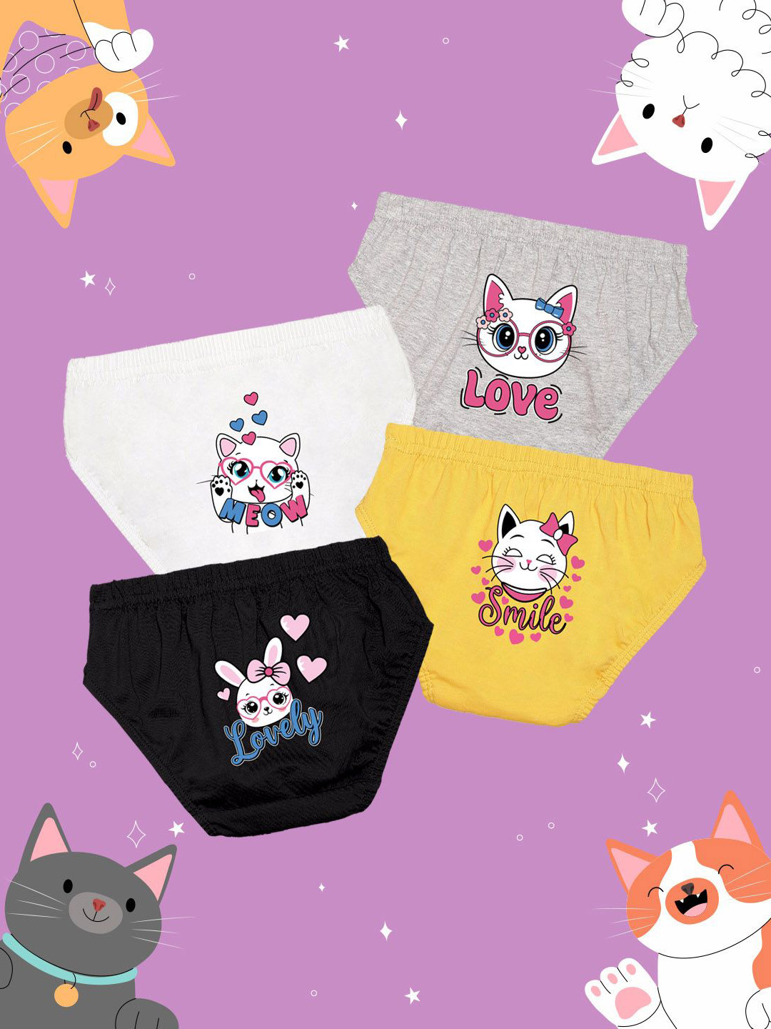 NUSYL Girl Pack Of 4 Bunny & Kitty Printed Pure Cotton Basic BriefsNUGCBRFPO4.0012