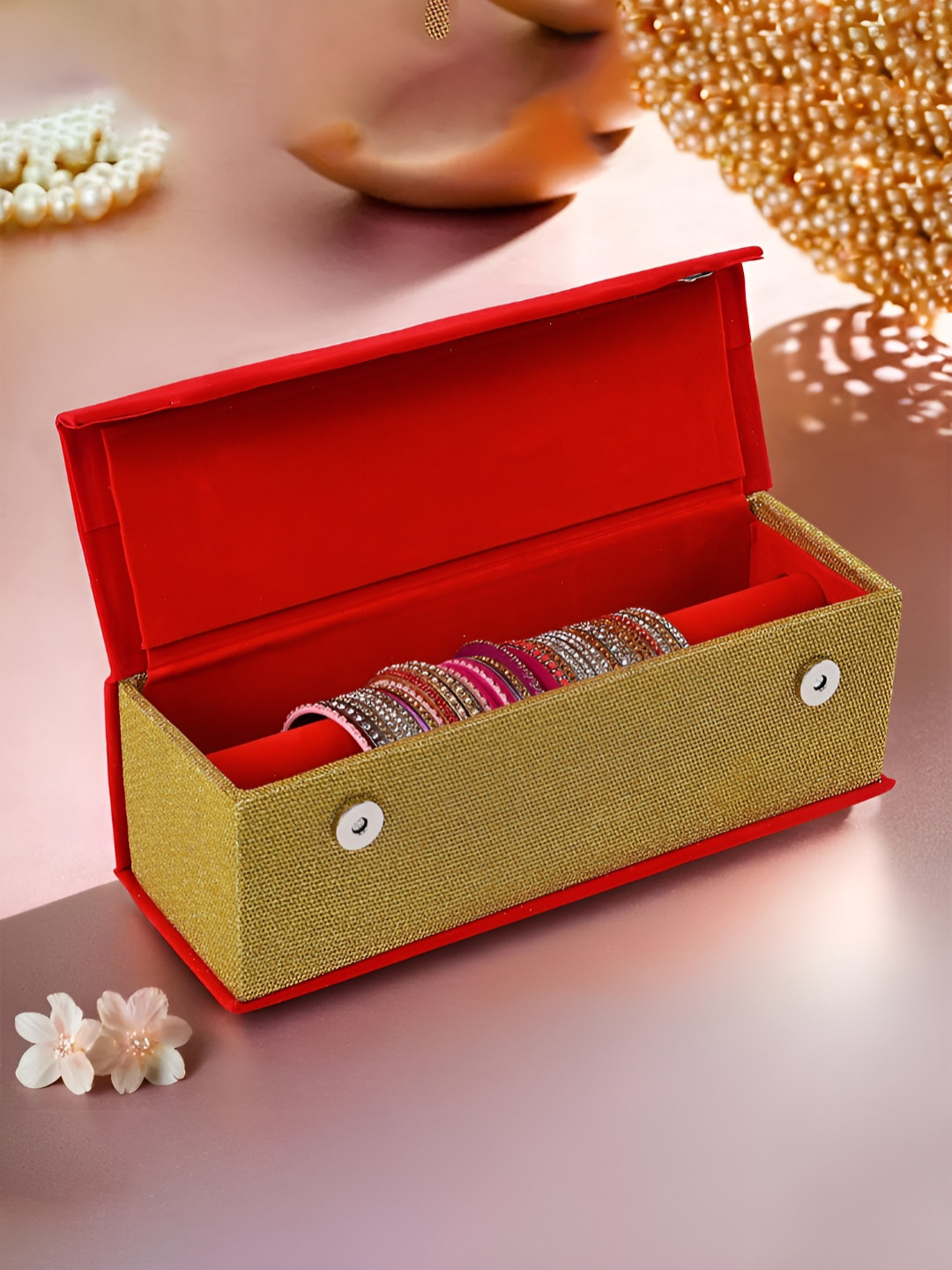 Aura Red & Mustard Velvet 1 Rod Bangle Box Jewellery Organiser With Magnetic Buckles