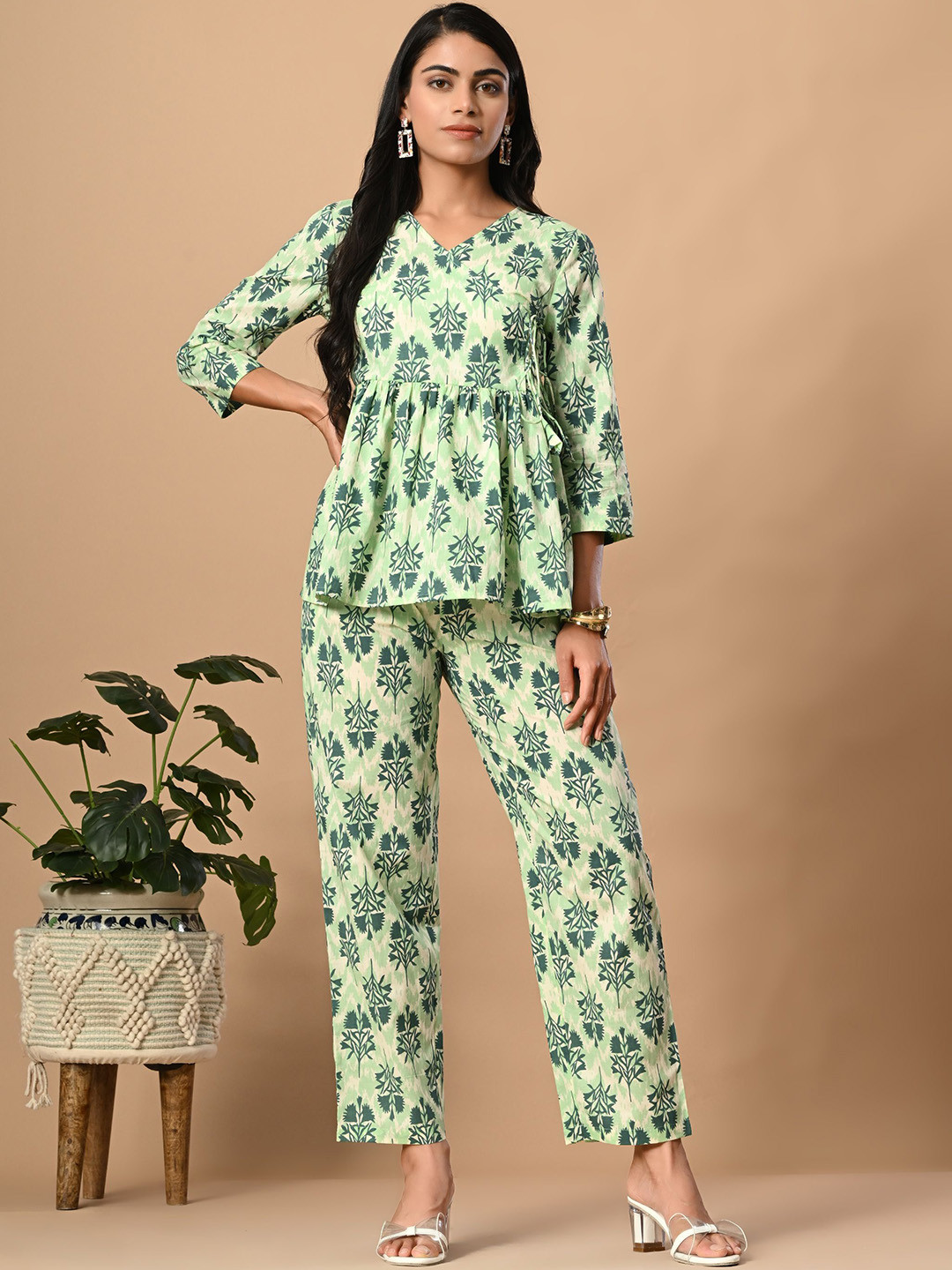 Fuchsia  Floral Printed Pure Cotton Pemplum Top With Trouser