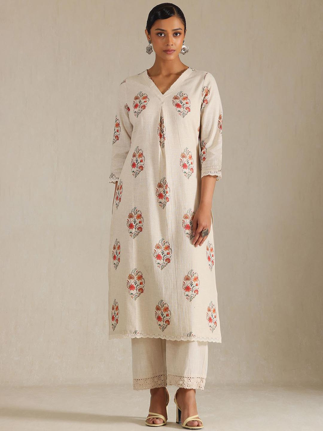 Soch Floral Printed V Neck  Beads Linen Straight Kurta