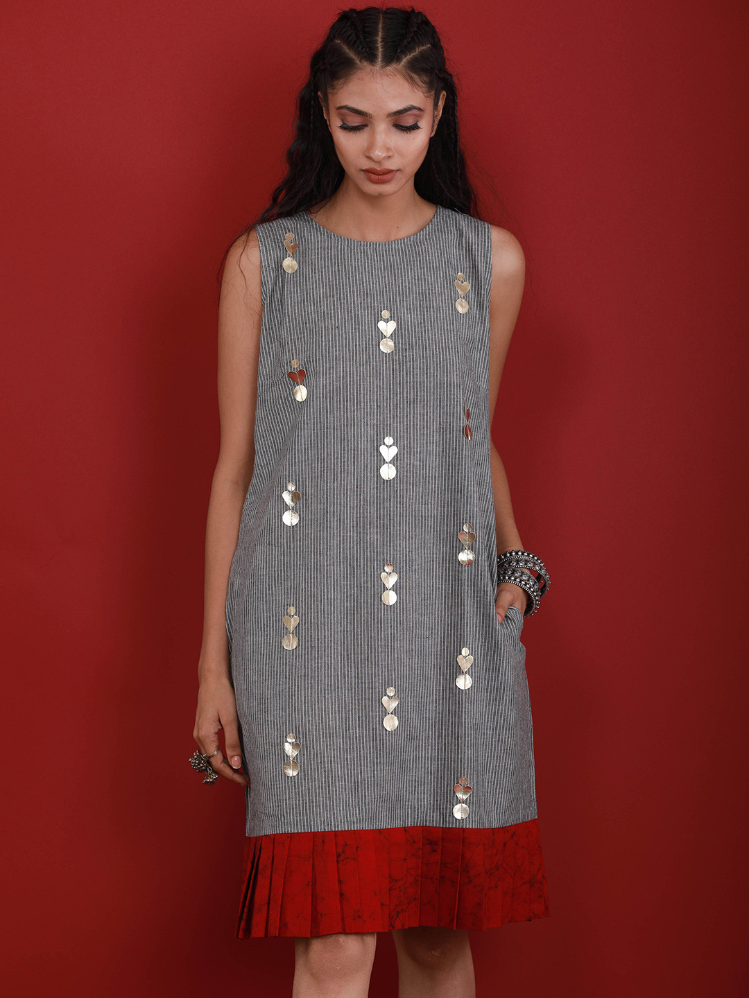 Aapro Women Round Neck Handloom Shift Dress with Batik Pleated Hem A-Line Dress