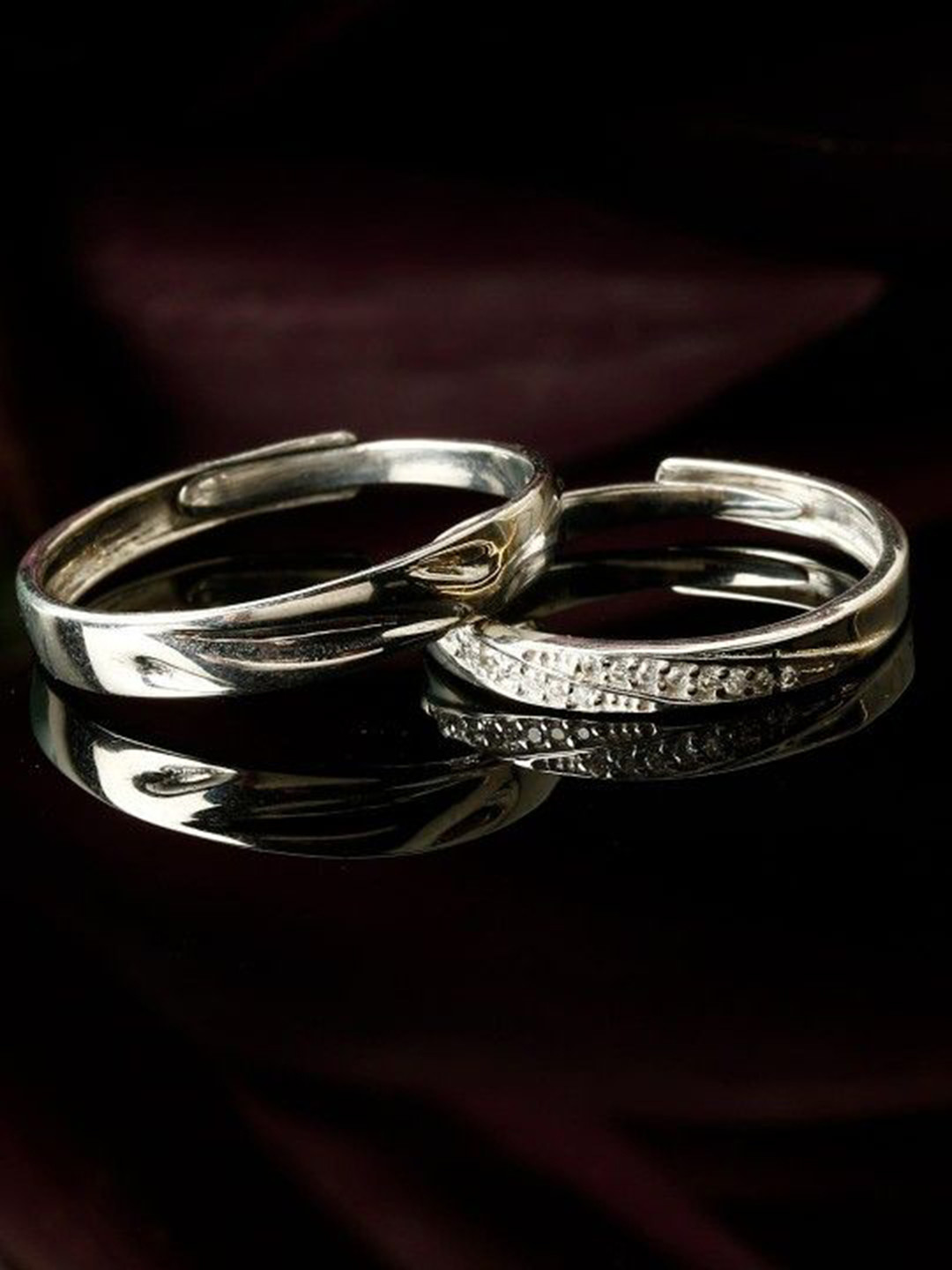 PASU FASHION Set Of 2 Sterling Silver Silver-Plated Stones Studded Couple Finger Rings
