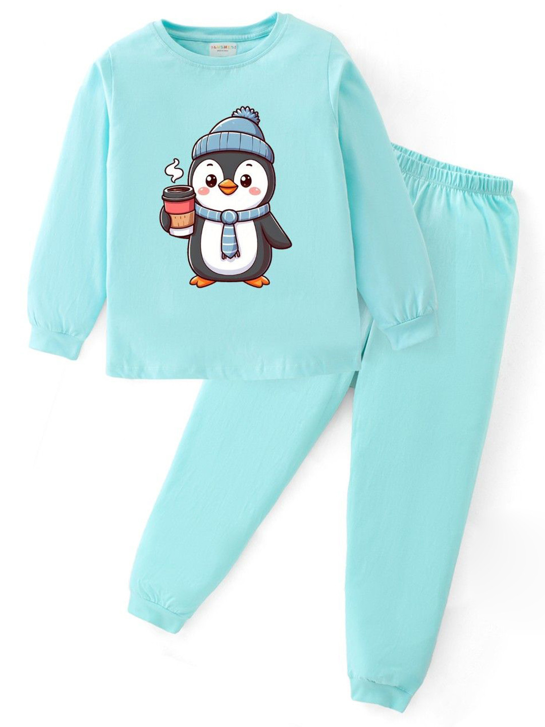 BLUSHES Kids Tea Penguin Printed Round Neck Pure Cotton Night Suits