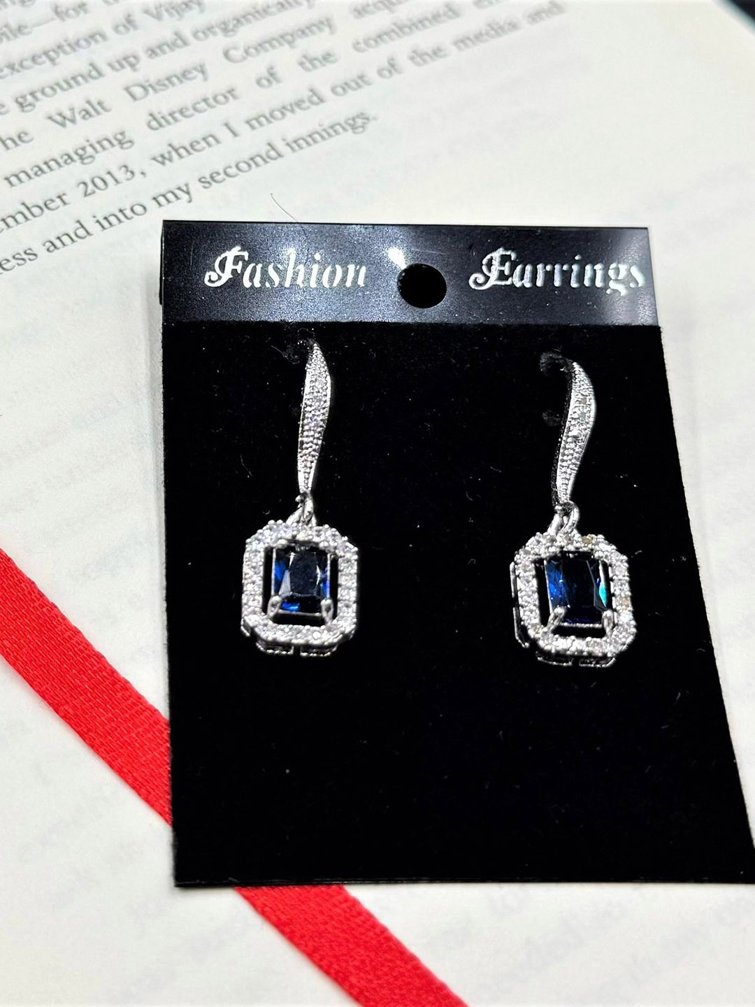 AKLINA Rhodium-Plated American Diamond Studded Classic Shaped Drop Earrings