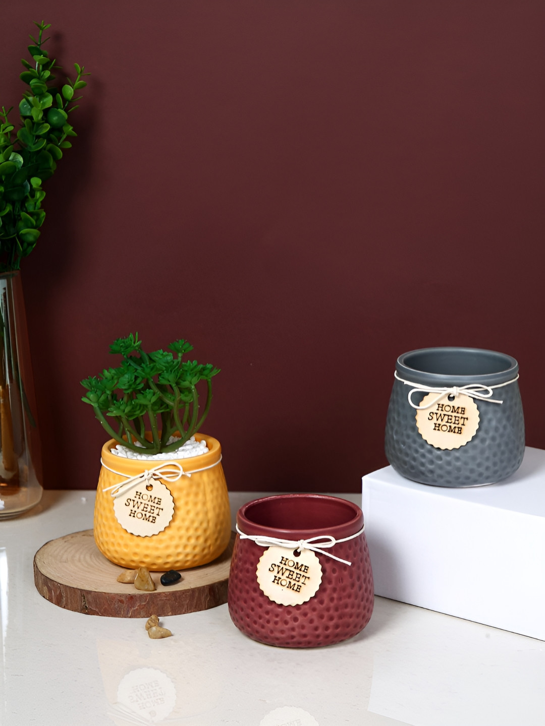 TAYHAA Cozy Charm Red & Yellow 3 Pieces Honeycomb-Patterned Ceramic Flower Planters