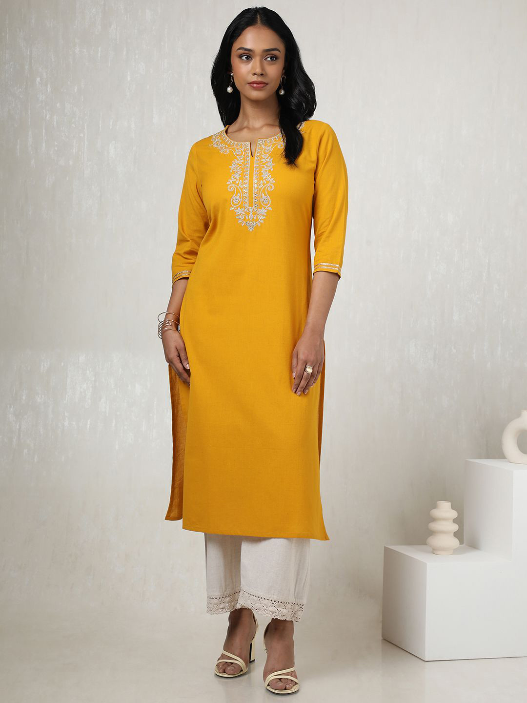 Soch Floral Yoke Design Notch Neck Embroidered Cotton Flex Straight Kurta