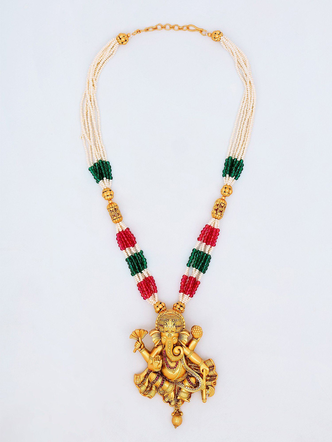 Exotic India Stone Studded & Beaded Blessing Brass Lord Ganesha Necklace Set with Earrings