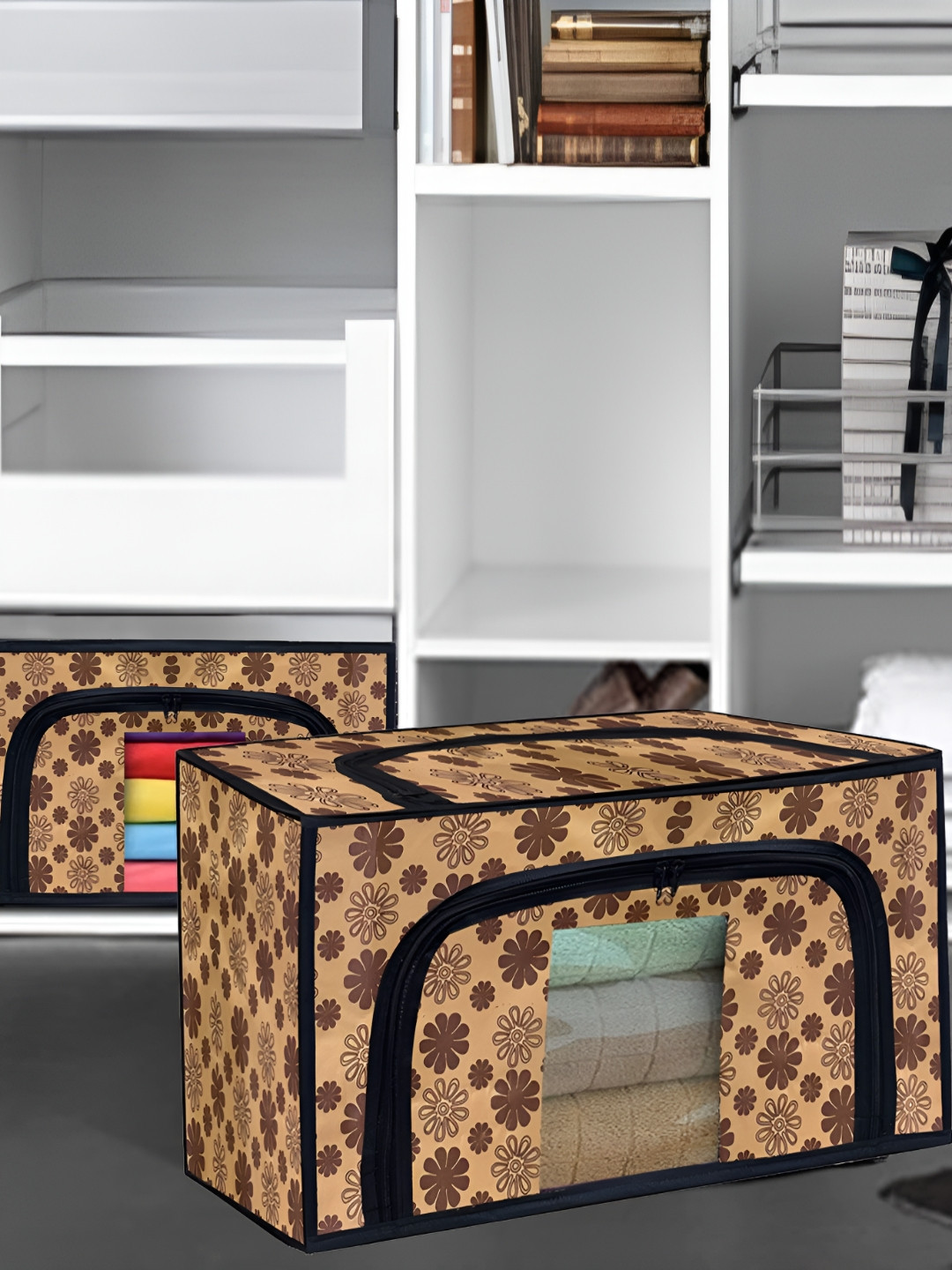Rmerchants Brown And Black Floral Printed Rectangular Wardrobe Suit Organiser