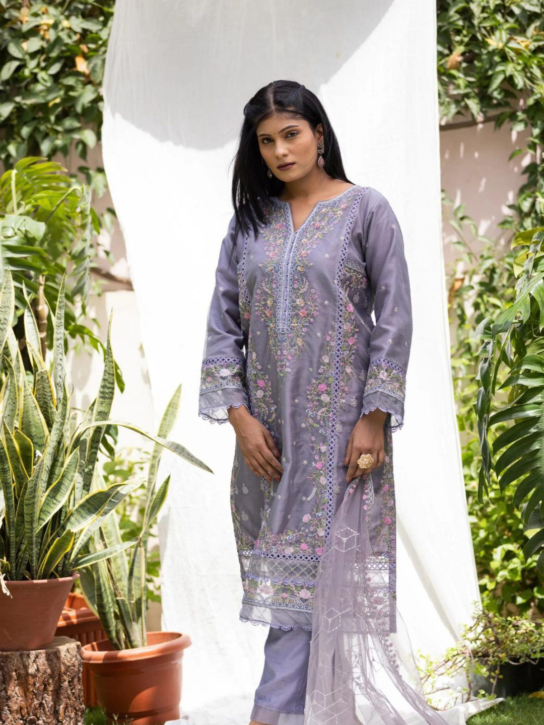 27 Drapes Floral Embroidered Round Neck Dress
