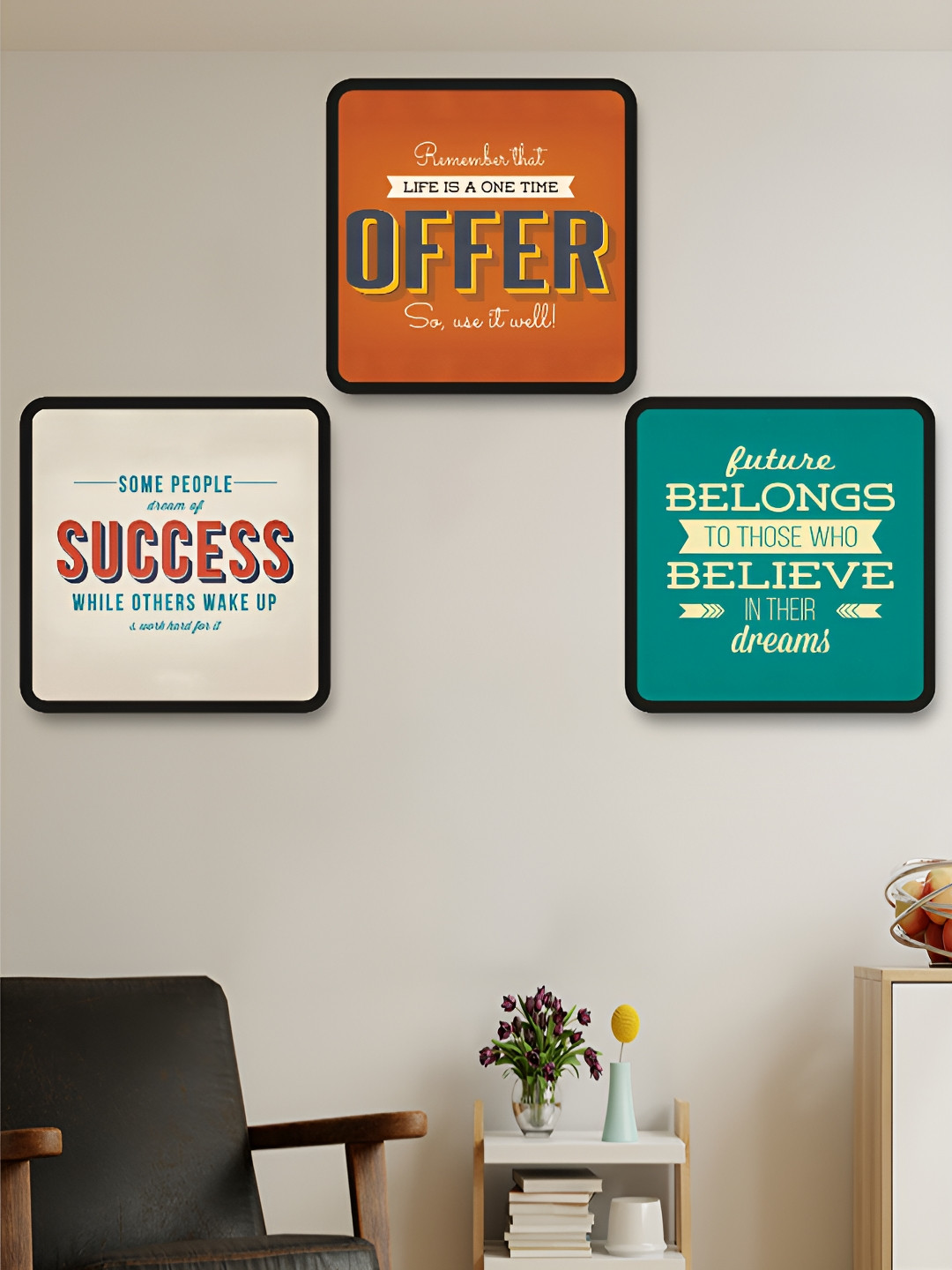 Myntra Elegant Homes Green & Orange 3 Pieces Motivational Quotes Printed Wooden Wall Art