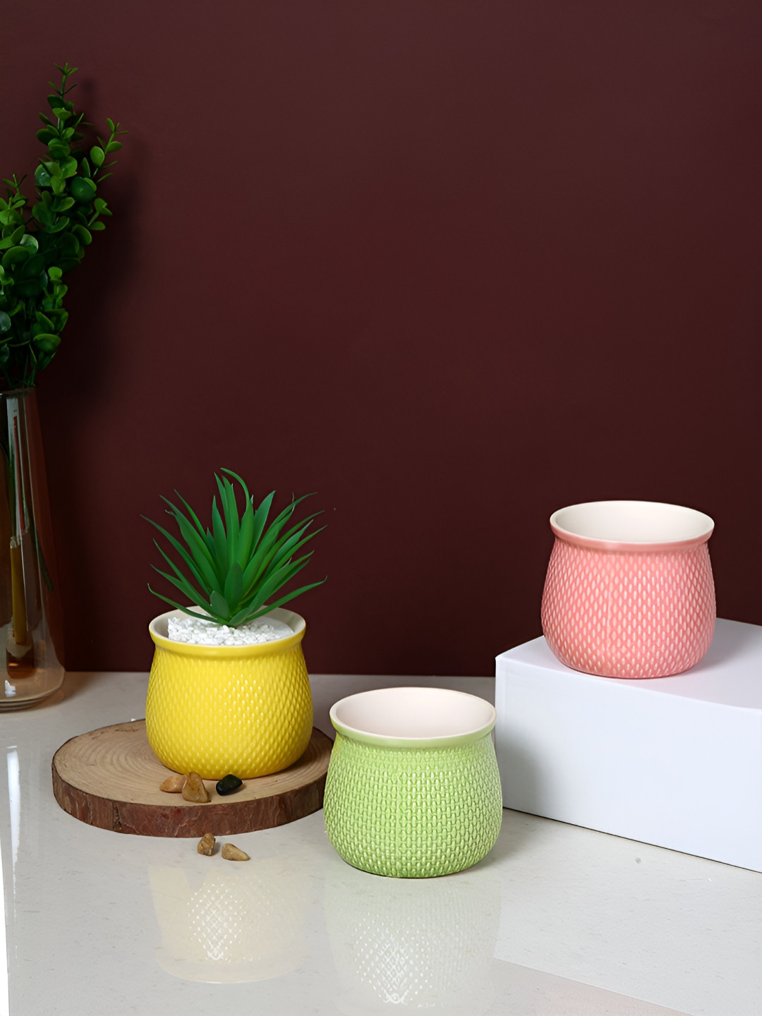 TAYHAA Yellow & Pink 3 Pieces Vibrant Textured Ceramic Planters
