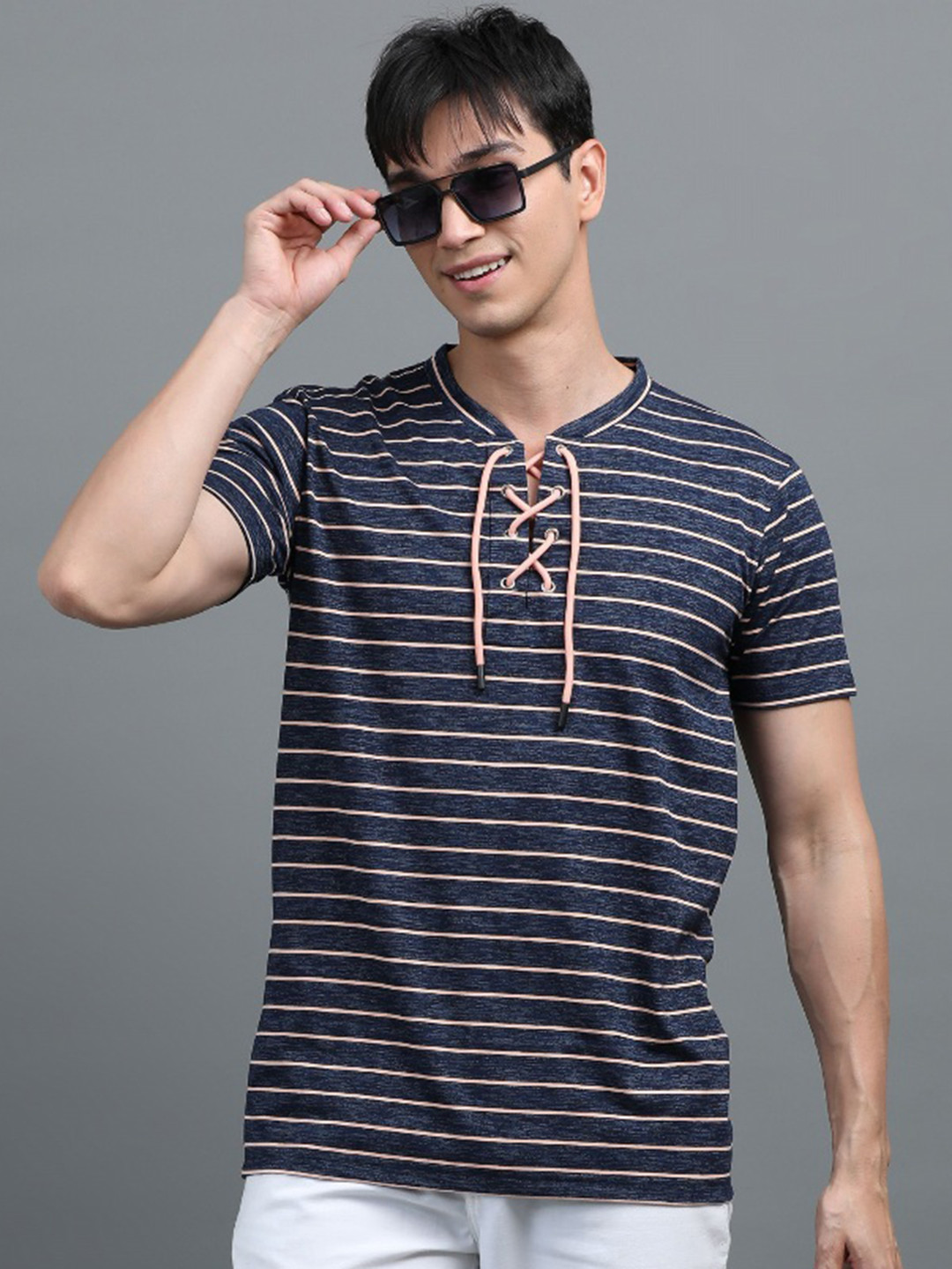 BLUE ARC Men Striped V-Neck T-shirt