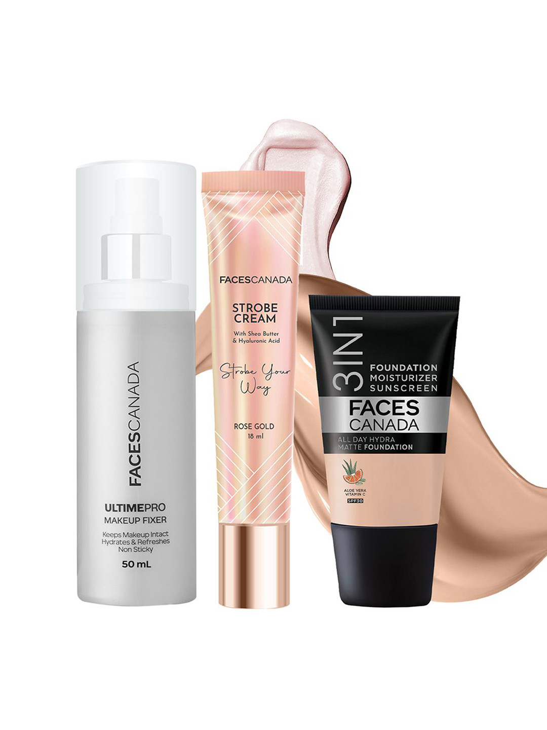 FACES CANADA Set Of 3 Hydra Foundation-18 ml With Strobe Cream-18 ml & Makeup Fixer-50 ml