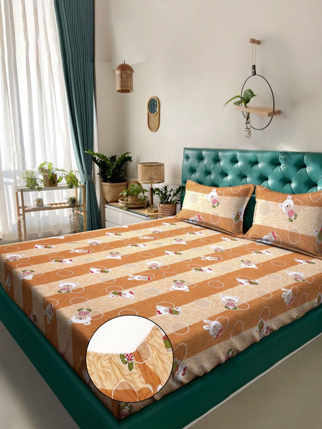 KLOTTHE Mustard-Coloured Printed Fitted 400TC Cotton King Bedsheet With 2 Pillow Cover