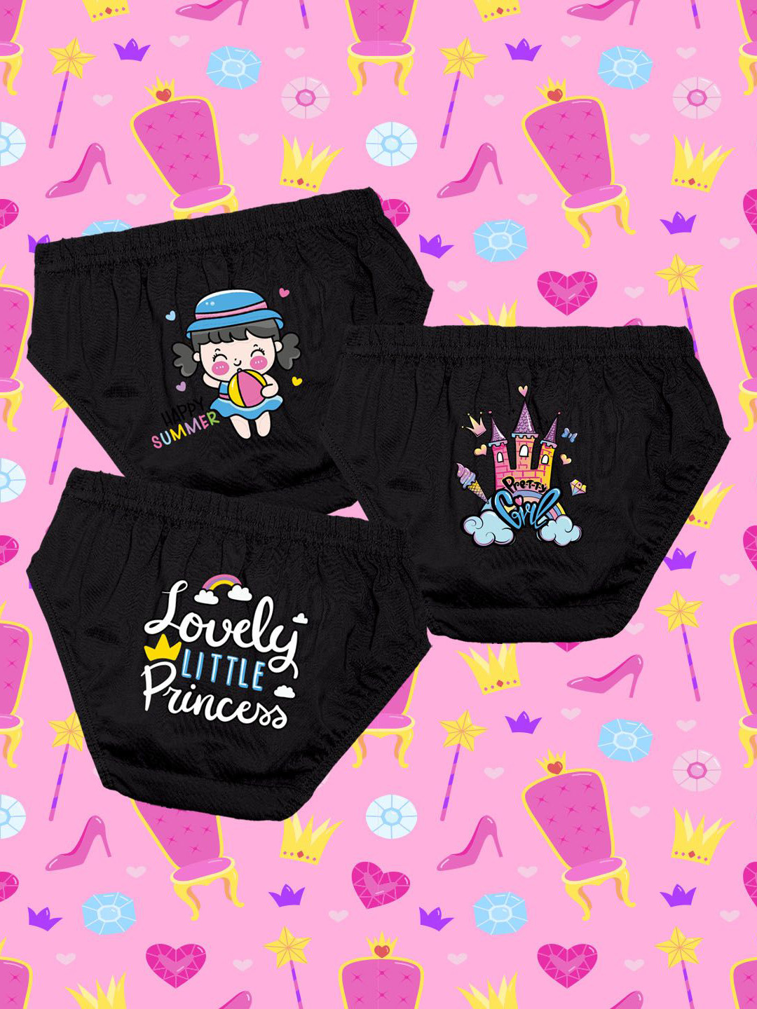 NUSYL Girls Pack Of 3 Little Princess Text Printed Pure Cotton Basic Briefs NUGCBRFPO3.005