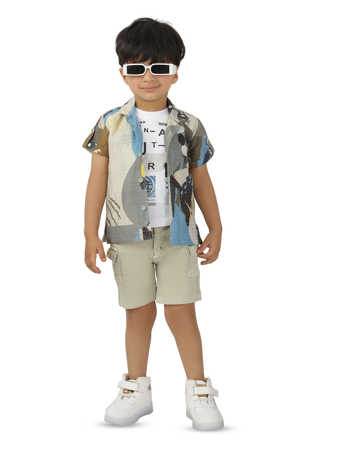 DOTSON Boys Abstract Printed Round Neck T-shirt And Shirt With Shorts