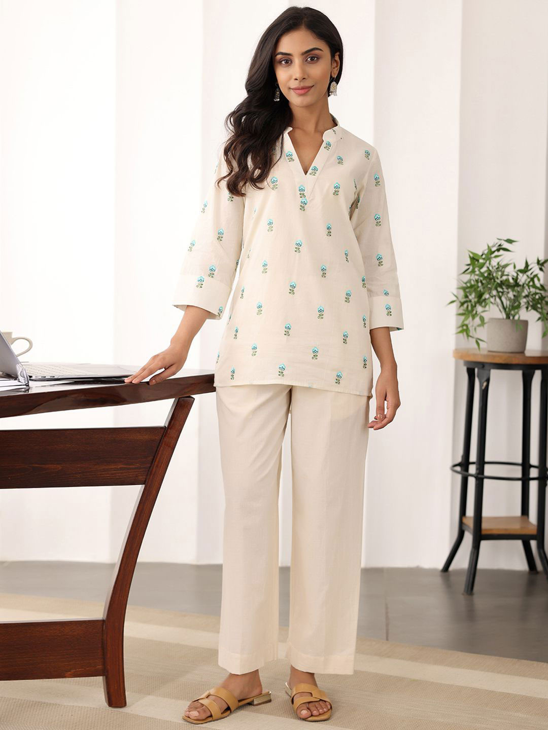 Ambraee Embroidered Cotton Tunic With Trouser Co-Ords
