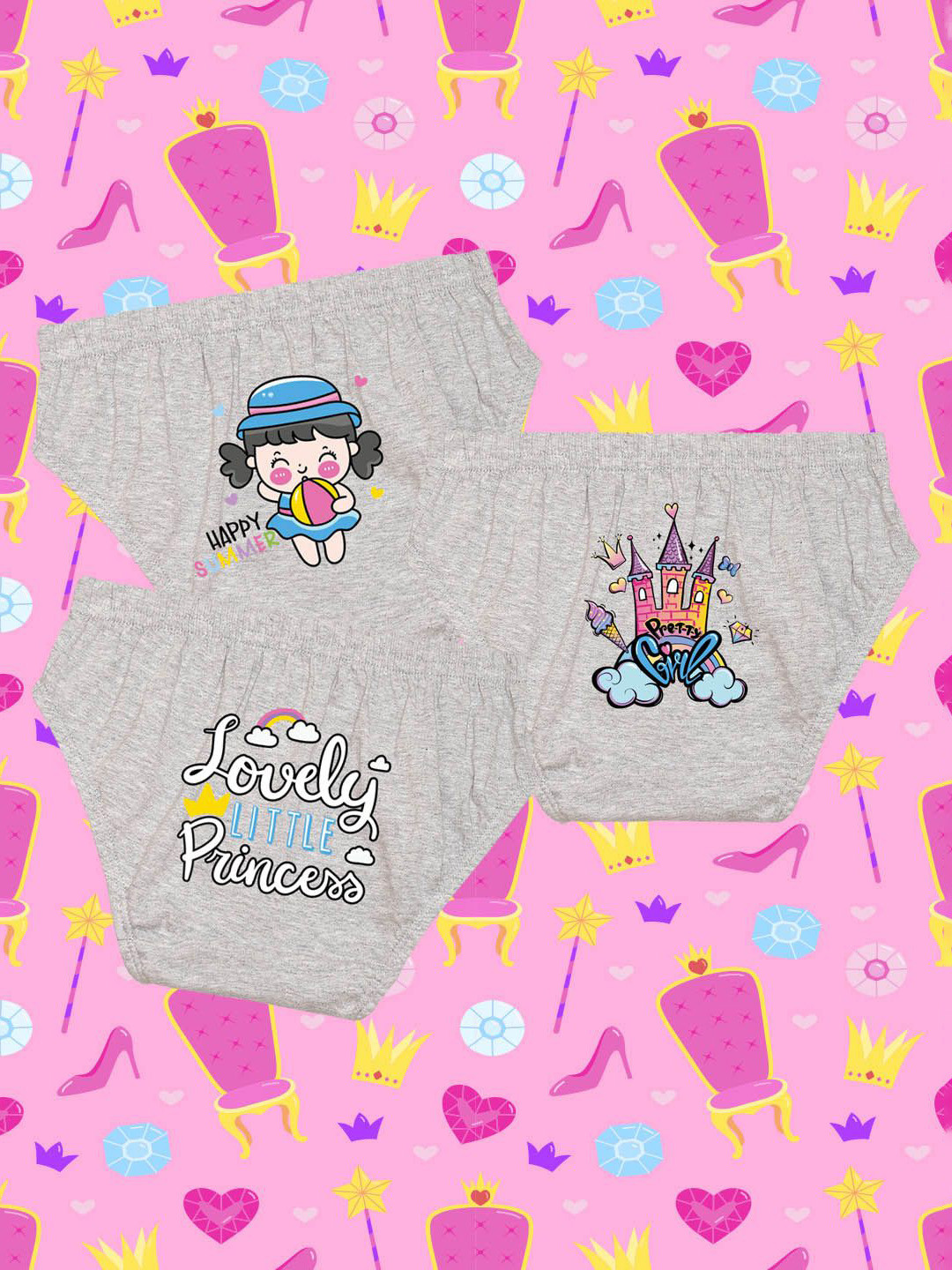 NUSYL Girls Pack Of 3 Cute Princess Text Printed Pure Cotton Basic BriefsNUGCBRFPO3.0058