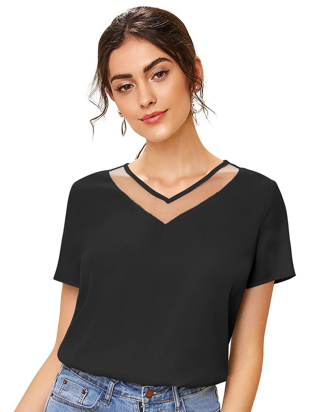 BAESD Top Women Black Solid V Neck Regular Sleeve Casual Top