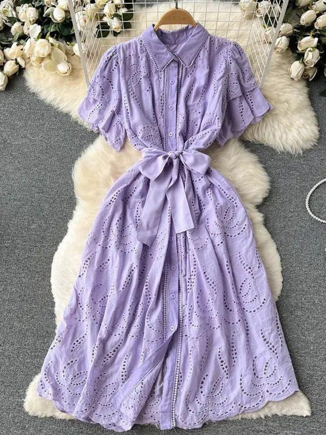 Miss Mosa By Akanksha  Lilac Ginny Cotton Schiffli Shirt Midi Dress