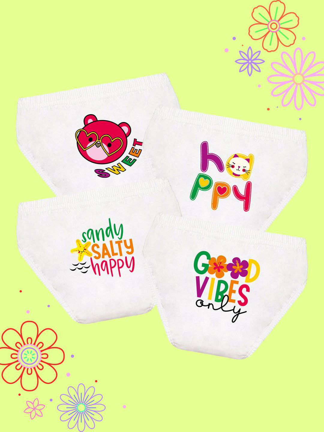 NUSYL Girls Pack Of 4 Happy & Sweet Text Printed Pure Cotton Basic Briefs