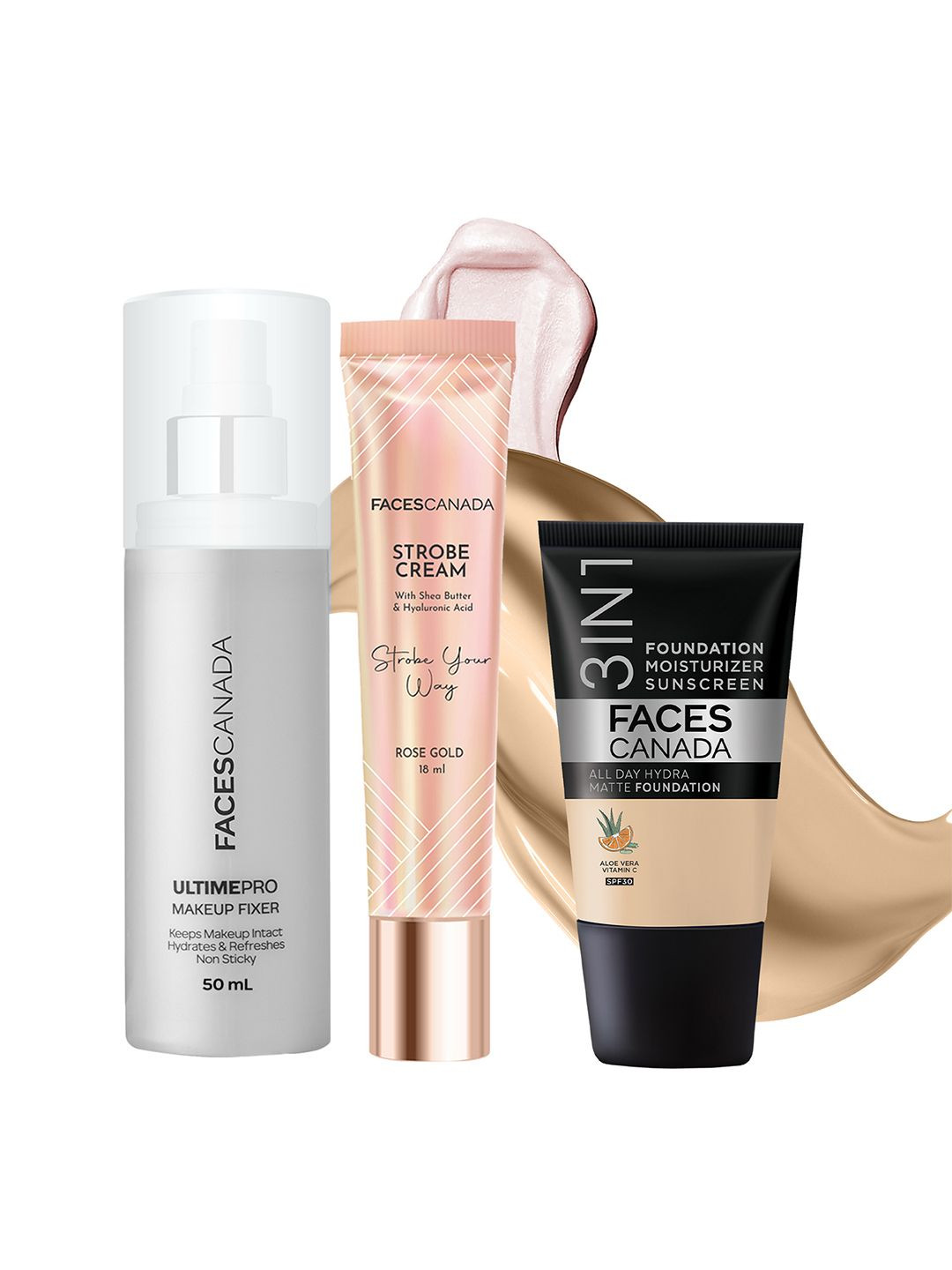 FACES CANADA Set Of 3 Hydra Foundation -18 ml With Strobe Cream-18 ml & Makeup Fixer-50 ml