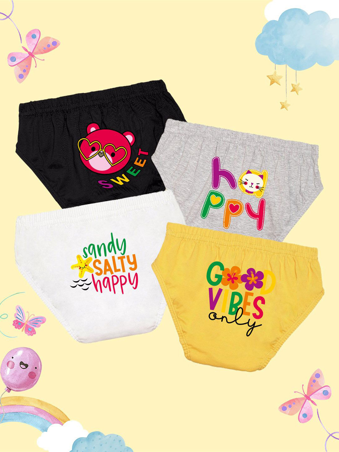 NUSYL Girls Pack Of 4 Text Printed Mid Rise Basic Briefs