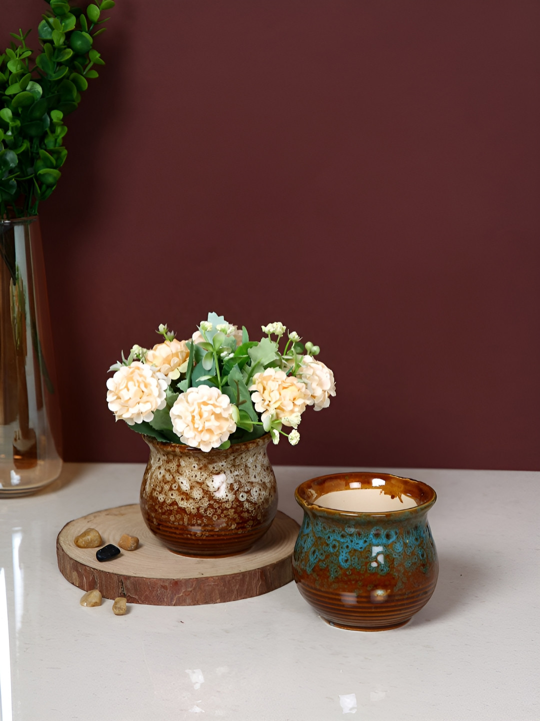 TAYHAA Brown & Blue 2 Pieces Rustic Glaze Printed Ceramic Planters