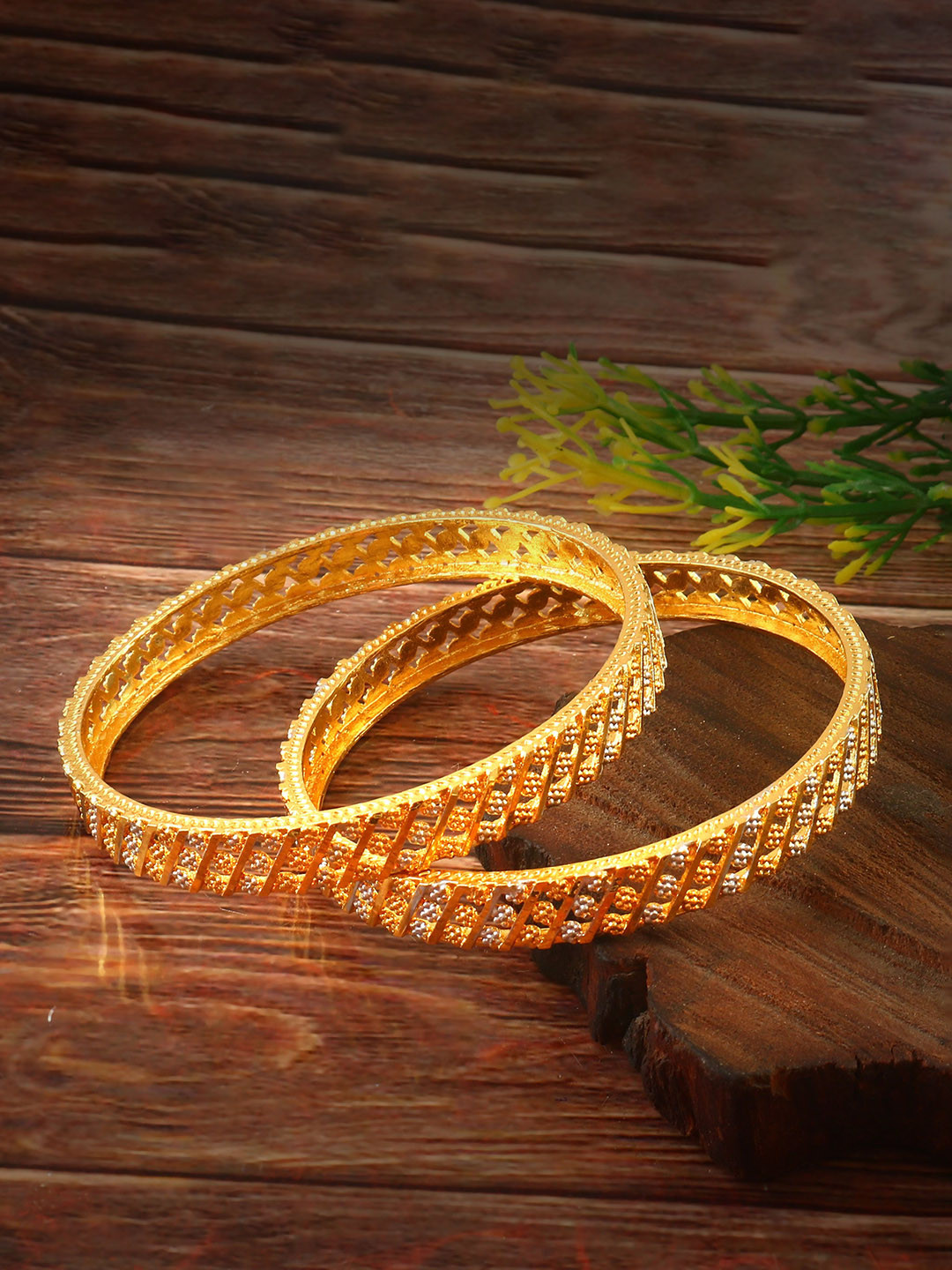 Jewar Mandi Set Of 2 Gold-Plated & Silver-Plated Intricate Design Bangles