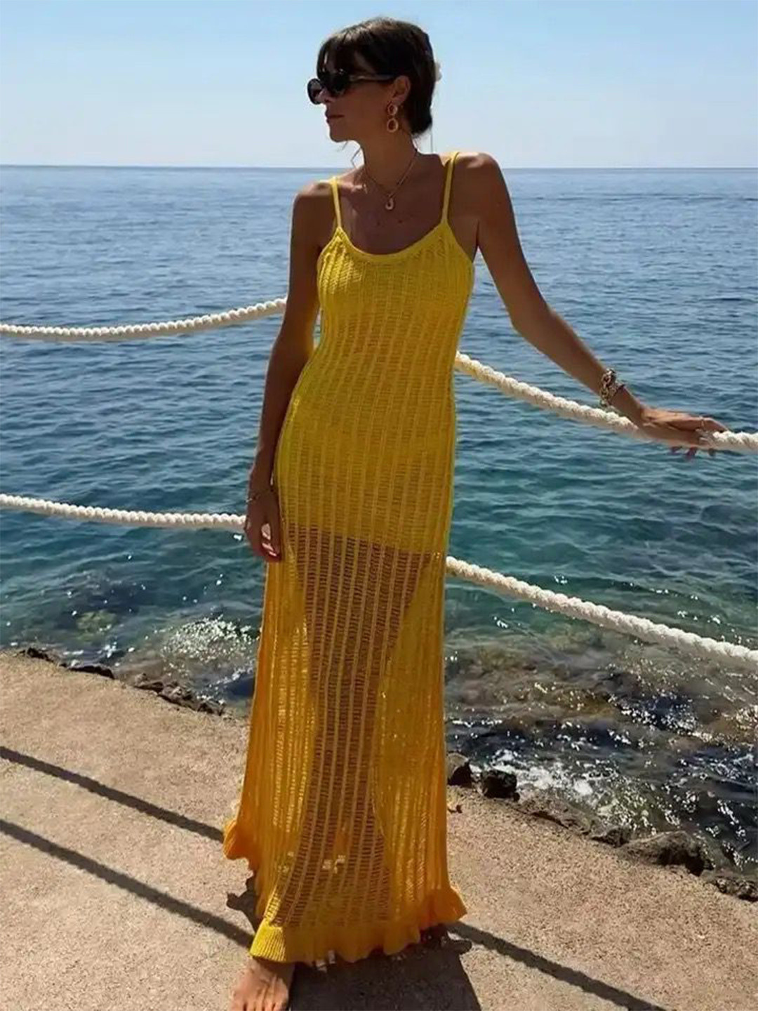 Miss Mosa By Akanksha  Women Yellow Cove Resortwear Soft Crochet Knit Dress