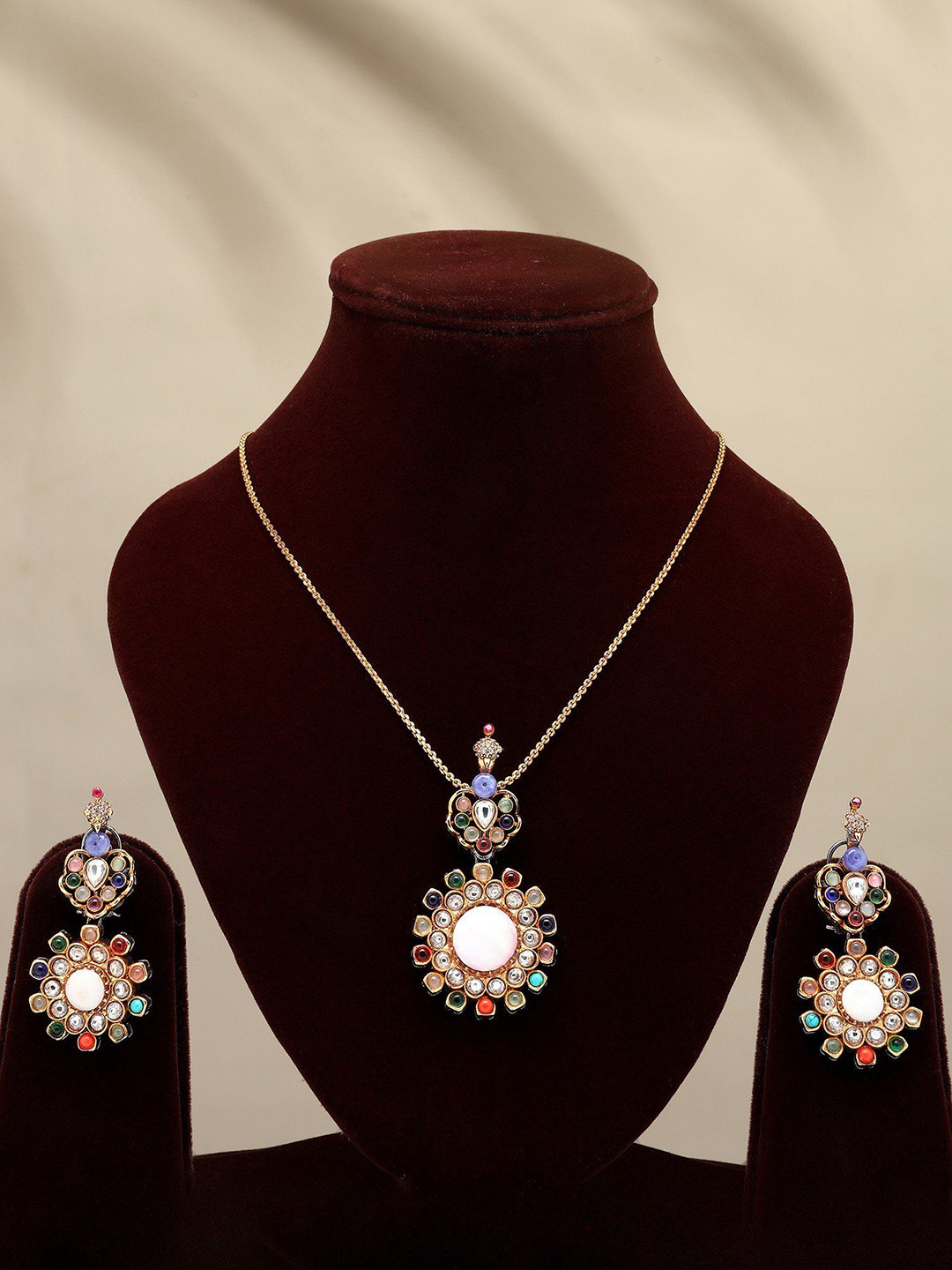 Exotic India Floral Multicolor Stone Studded Pendant And Earrings Set In Alloy