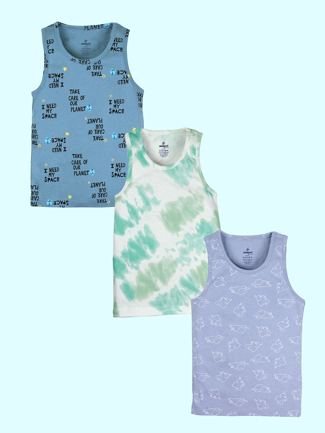 KiddoPanti Boys 3 Printed Pure Cotton Basic Vest -SS25BVT007-Dusty Blue /Green & White /PB