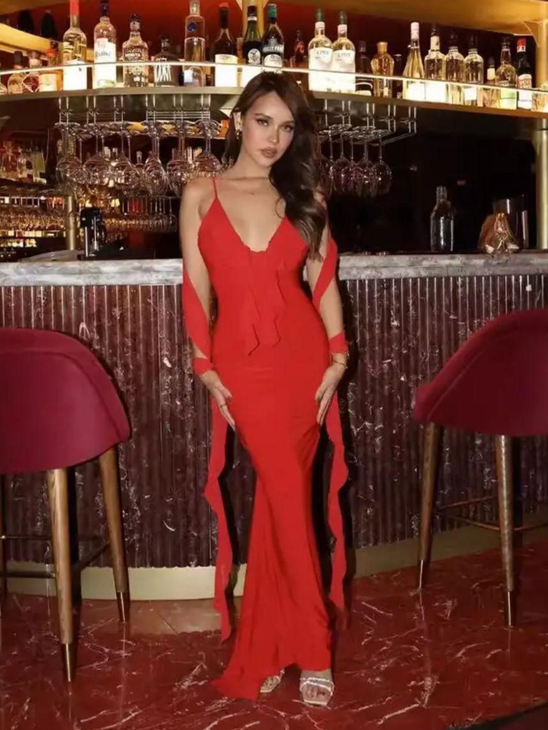 Miss Mosa By Akanksha  Women Cherry Red Salvia Ruffled Maxi Dress With Scarf